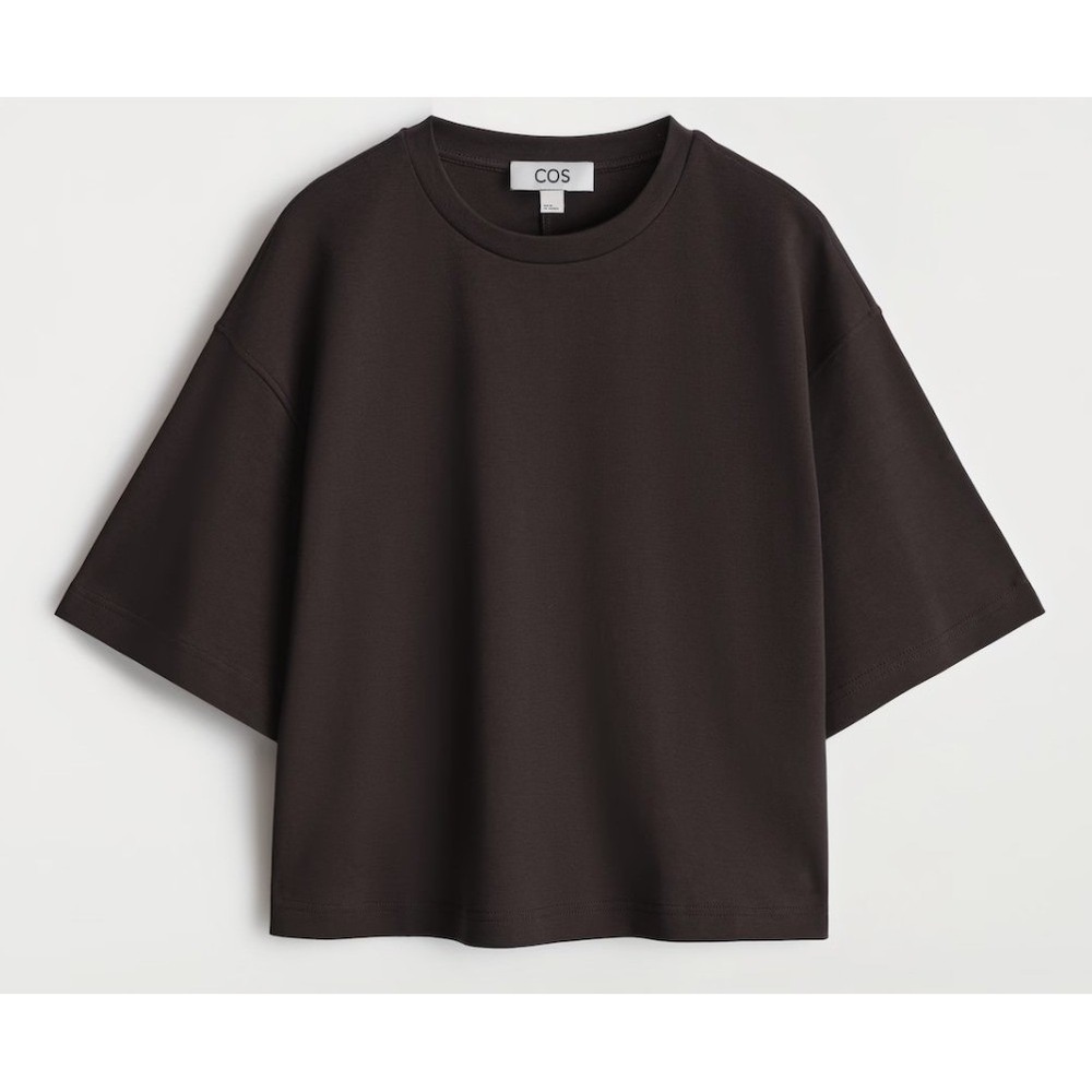 NWT COS Women Oversized Boxy Cropped Cotton T-Shirt Dark Brown Crew Neck Medium